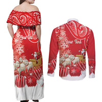 New Zealand Christmas In July Personalised Couples Matching Off Shoulder Maxi Dress and Long Sleeve Button Shirt Funny Santa Sheep Meri Kirihimete Red LT14 - Polynesian Pride