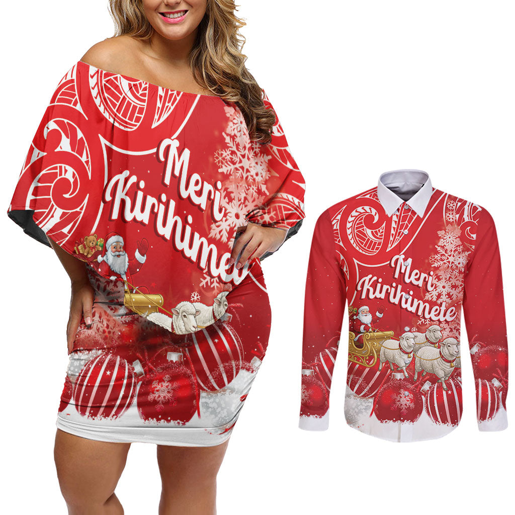 New Zealand Christmas In July Personalised Couples Matching Off Shoulder Short Dress and Long Sleeve Button Shirt Funny Santa Sheep Meri Kirihimete Red LT14 Red - Polynesian Pride