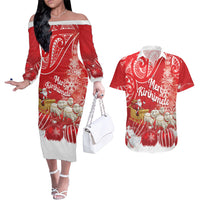 New Zealand Christmas In July Personalised Couples Matching Off The Shoulder Long Sleeve Dress and Hawaiian Shirt Funny Santa Sheep Meri Kirihimete Red LT14 Red - Polynesian Pride