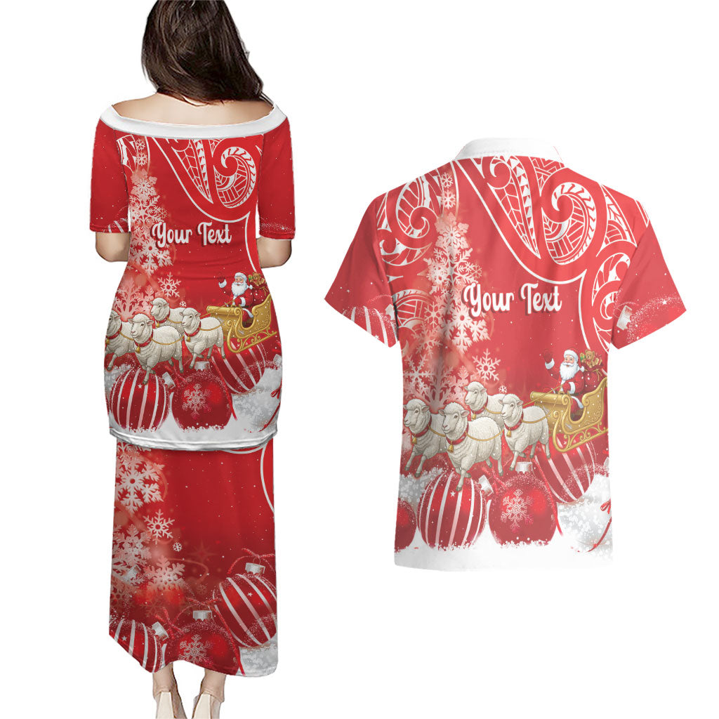 New Zealand Christmas In July Personalised Couples Matching Puletasi and Hawaiian Shirt Funny Santa Sheep Meri Kirihimete Red LT14 - Polynesian Pride