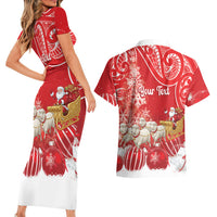 New Zealand Christmas In July Personalised Couples Matching Short Sleeve Bodycon Dress and Hawaiian Shirt Funny Santa Sheep Meri Kirihimete Red LT14 - Polynesian Pride