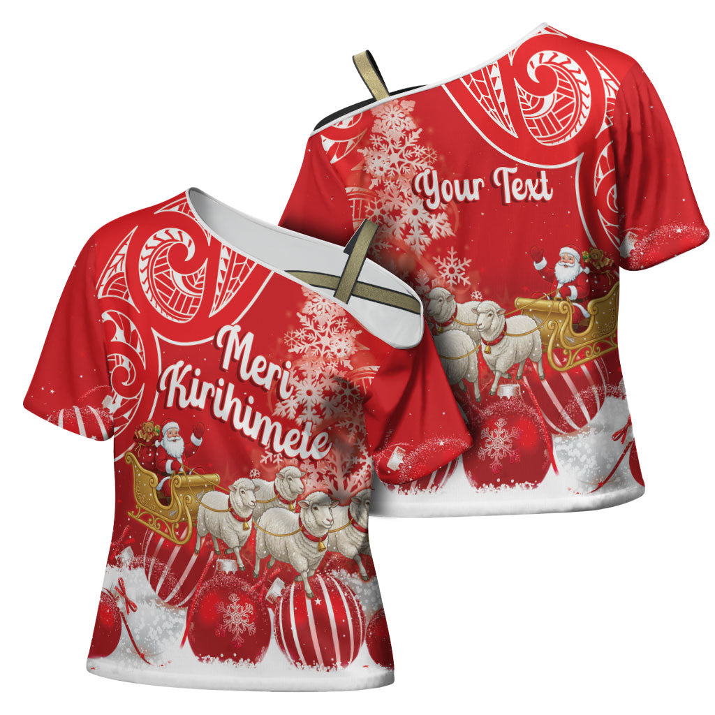 New Zealand Christmas In July Personalised Cross Shoulder Shirt Funny Santa Sheep Meri Kirihimete Red LT14 - Polynesian Pride
