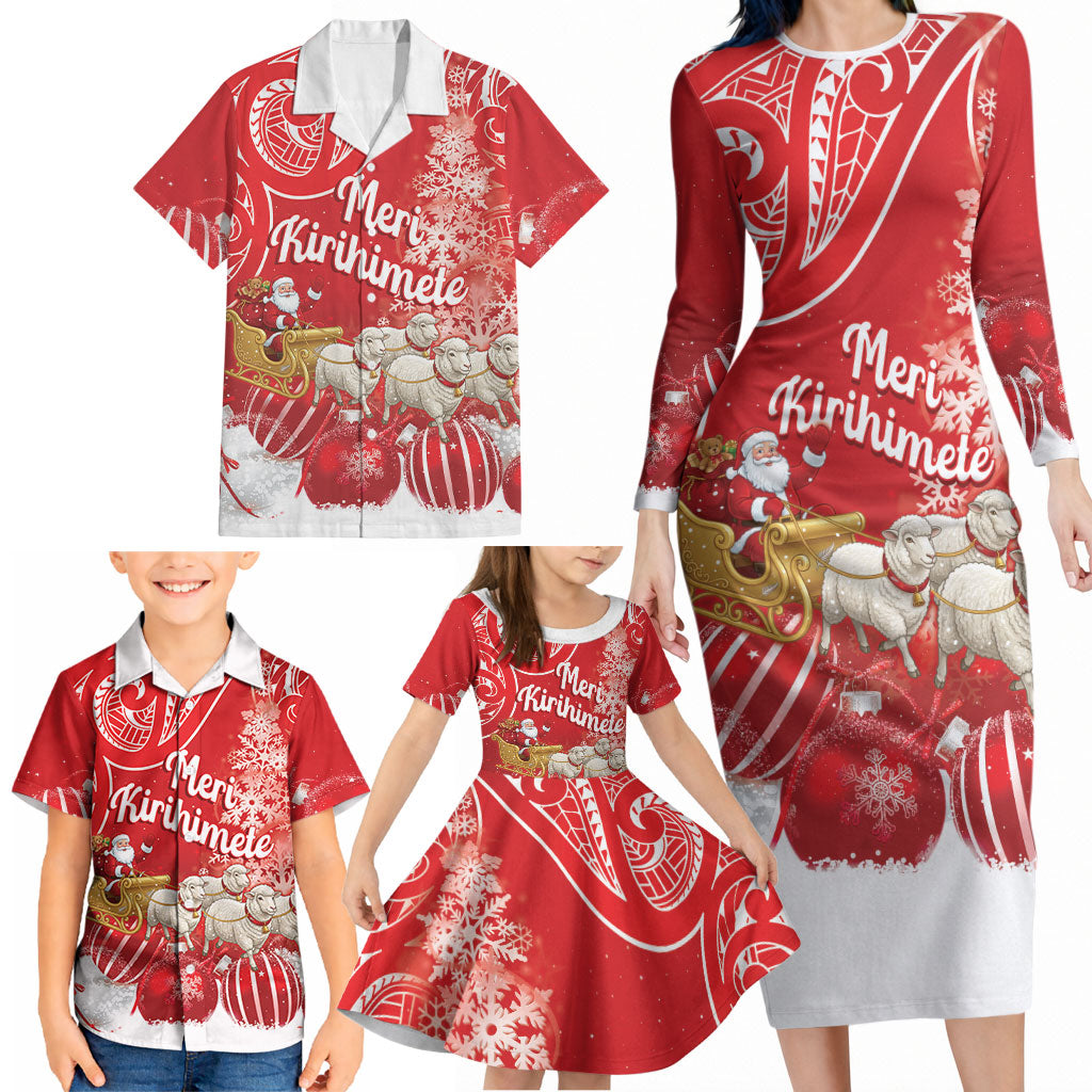 New Zealand Christmas In July Personalised Family Matching Long Sleeve Bodycon Dress and Hawaiian Shirt Funny Santa Sheep Meri Kirihimete Red LT14 - Polynesian Pride