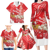 New Zealand Christmas In July Personalised Family Matching Long Sleeve Bodycon Dress and Hawaiian Shirt Funny Santa Sheep Meri Kirihimete Red LT14 - Polynesian Pride