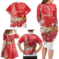 New Zealand Christmas In July Personalised Family Matching Long Sleeve Bodycon Dress and Hawaiian Shirt Funny Santa Sheep Meri Kirihimete Red LT14 - Polynesian Pride