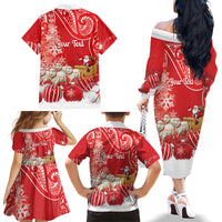 New Zealand Christmas In July Personalised Family Matching Off The Shoulder Long Sleeve Dress and Hawaiian Shirt Funny Santa Sheep Meri Kirihimete Red LT14 - Polynesian Pride