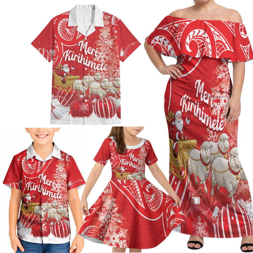 New Zealand Christmas In July Personalised Family Matching Off Shoulder Maxi Dress and Hawaiian Shirt Funny Santa Sheep Meri Kirihimete Red LT14 - Polynesian Pride