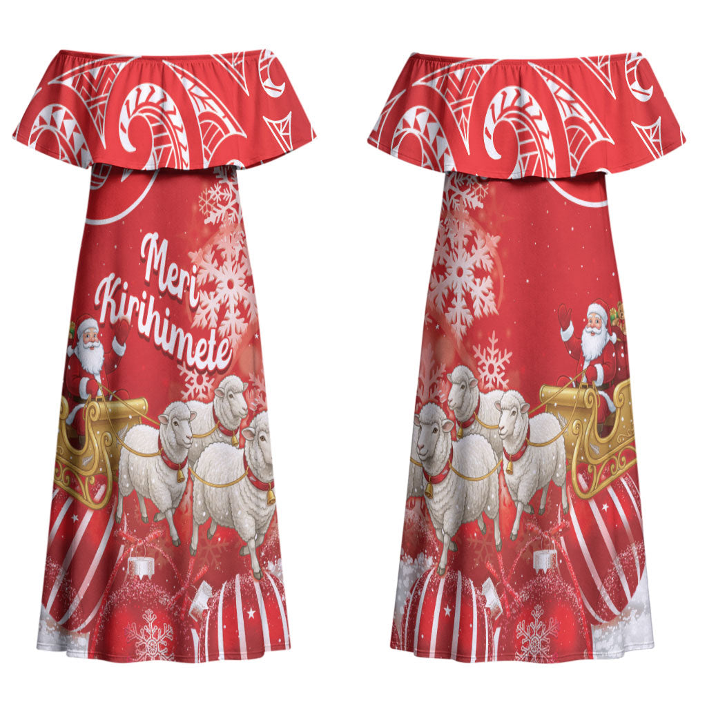 New Zealand Christmas In July Personalised Family Matching Off Shoulder Maxi Dress and Hawaiian Shirt Funny Santa Sheep Meri Kirihimete Red LT14 Mom's Dress Red - Polynesian Pride