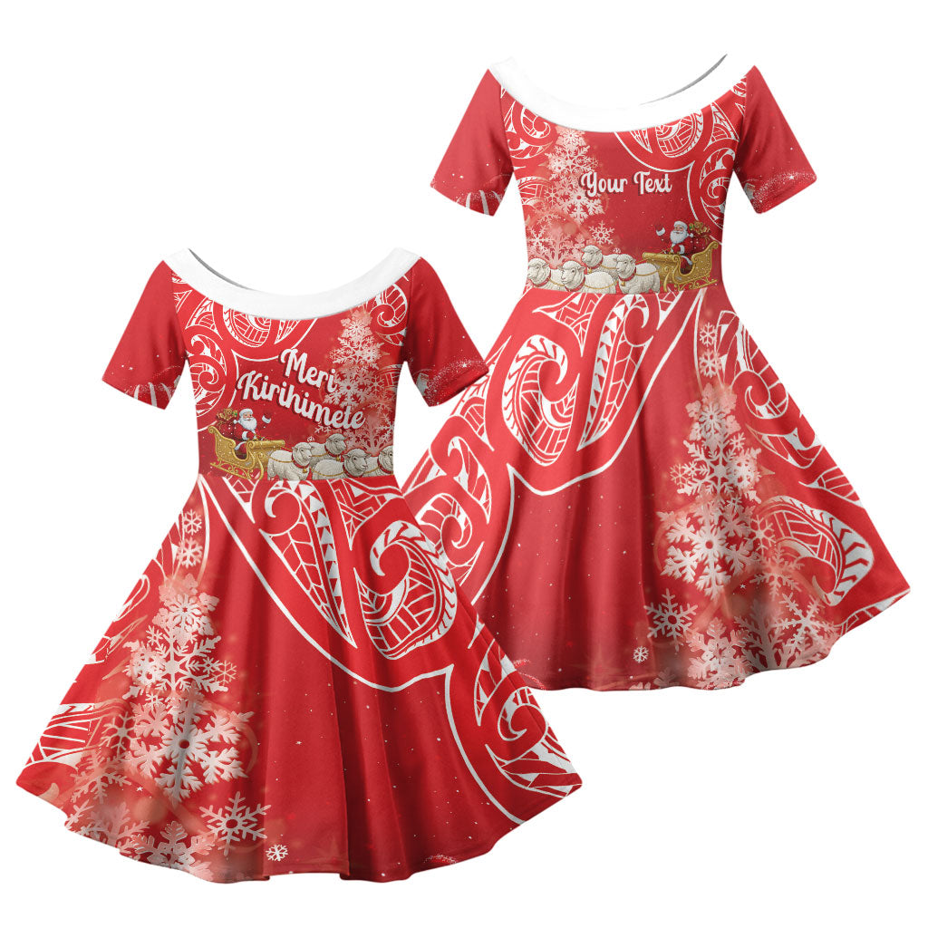 New Zealand Christmas In July Personalised Family Matching Off Shoulder Maxi Dress and Hawaiian Shirt Funny Santa Sheep Meri Kirihimete Red LT14 Daughter's Dress Red - Polynesian Pride