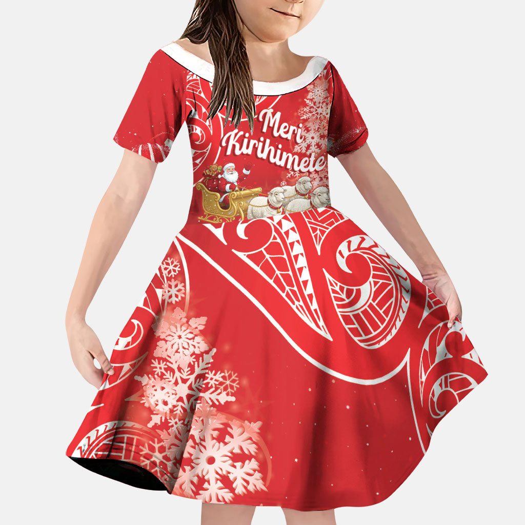 New Zealand Christmas In July Personalised Family Matching Summer Maxi Dress and Hawaiian Shirt Funny Santa Sheep Meri Kirihimete Red LT14 Daughter's Dress Red - Polynesian Pride