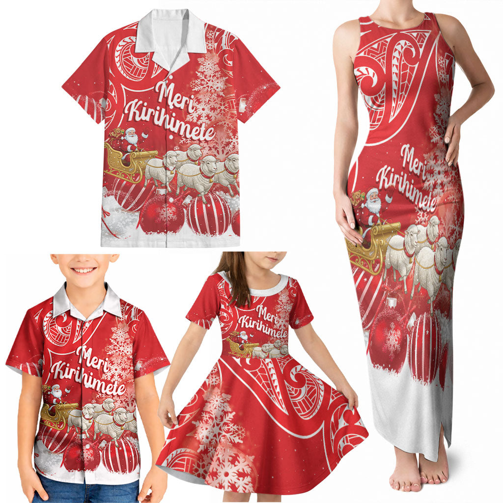 New Zealand Christmas In July Personalised Family Matching Tank Maxi Dress and Hawaiian Shirt Funny Santa Sheep Meri Kirihimete Red LT14 - Polynesian Pride