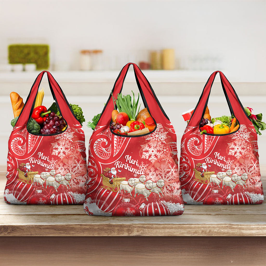 New Zealand Christmas In July Grocery Bag Funny Santa Sheep Meri Kirihimete Red LT14 3-pack One Size Red - Polynesian Pride