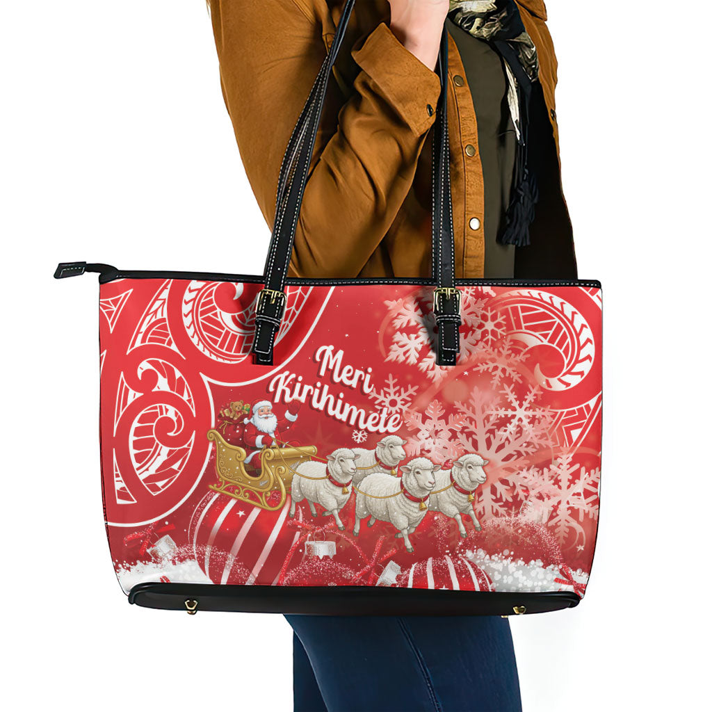 New Zealand Christmas In July Leather Tote Bag Funny Santa Sheep Meri Kirihimete Red LT14 - Polynesian Pride