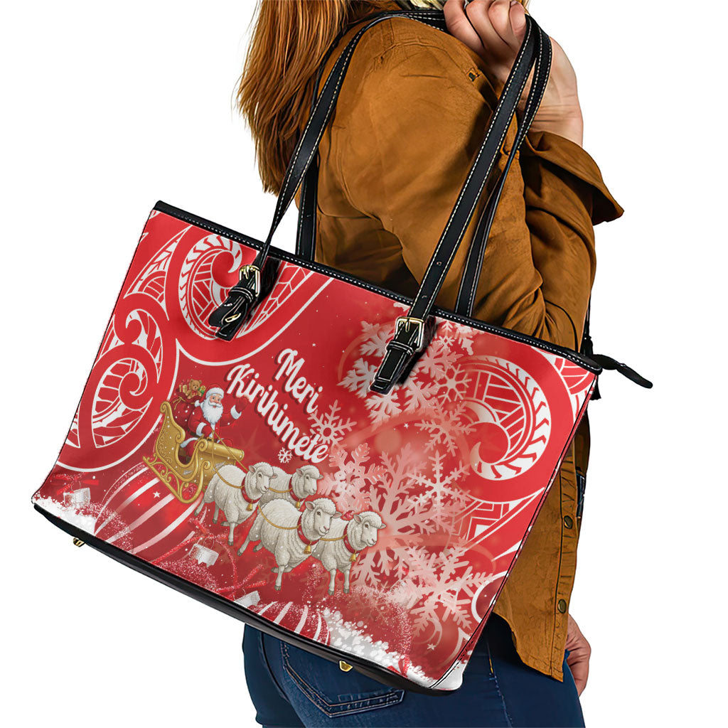 New Zealand Christmas In July Leather Tote Bag Funny Santa Sheep Meri Kirihimete Red LT14 - Polynesian Pride