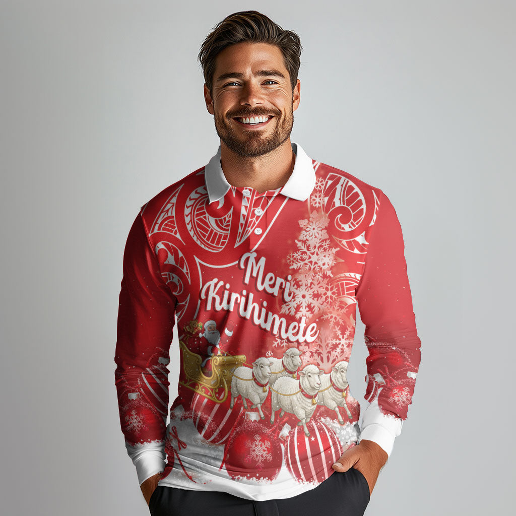 New Zealand Christmas In July Personalised Long Sleeve Polo Shirt Funny Santa Sheep Meri Kirihimete Red LT14 - Polynesian Pride