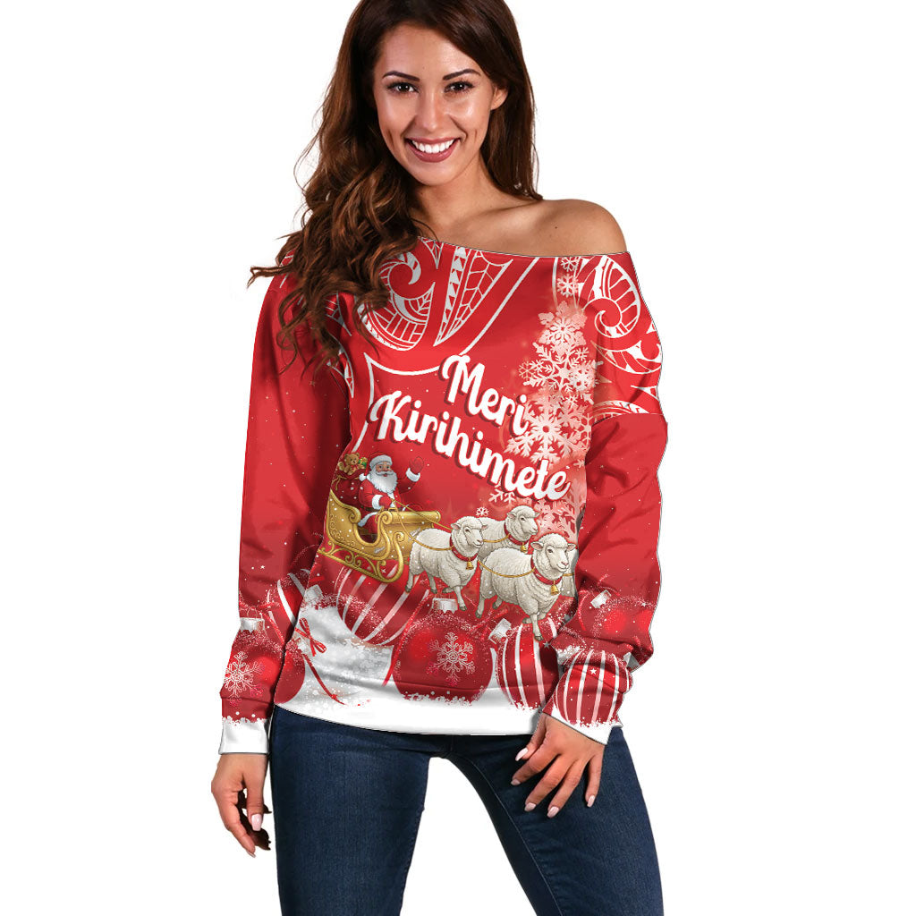 New Zealand Christmas In July Personalised Off Shoulder Sweater Funny Santa Sheep Meri Kirihimete Red LT14 Women Red - Polynesian Pride