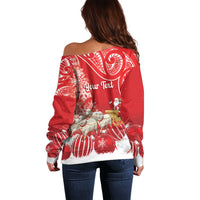 New Zealand Christmas In July Personalised Off Shoulder Sweater Funny Santa Sheep Meri Kirihimete Red LT14 - Polynesian Pride