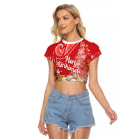 New Zealand Christmas In July Personalised Raglan Cropped T Shirt Funny Santa Sheep Meri Kirihimete Red LT14 Female Red - Polynesian Pride