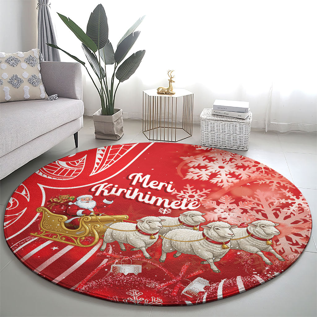 New Zealand Christmas In July Round Carpet Funny Santa Sheep Meri Kirihimete Red