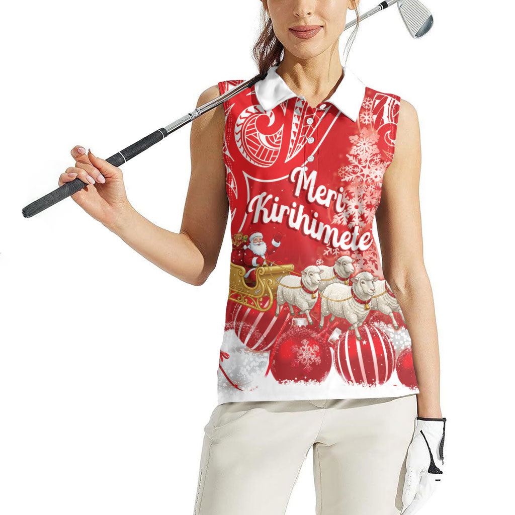 New Zealand Christmas In July Personalised Women Sleeveless Polo Shirt Funny Santa Sheep Meri Kirihimete Red LT14 - Polynesian Pride