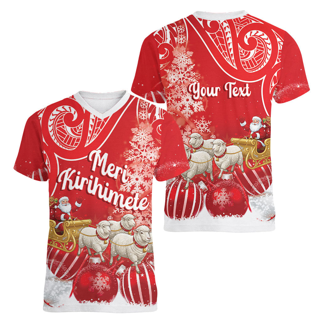 New Zealand Christmas In July Personalised Women V-Neck T-Shirt Funny Santa Sheep Meri Kirihimete Red LT14 - Polynesian Pride