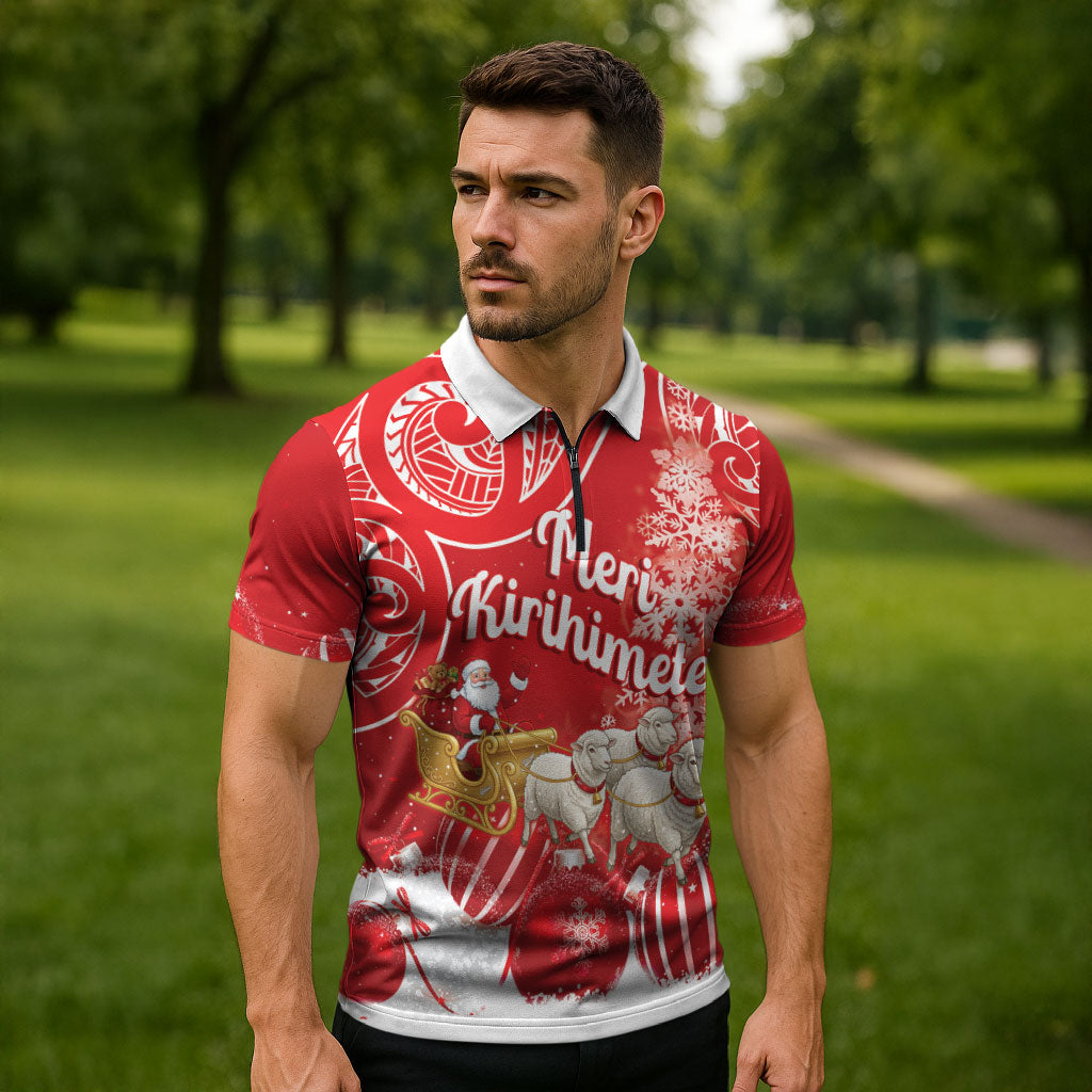 New Zealand Christmas In July Personalised Zipper Polo Shirt Funny Santa Sheep Meri Kirihimete Red LT14 - Polynesian Pride