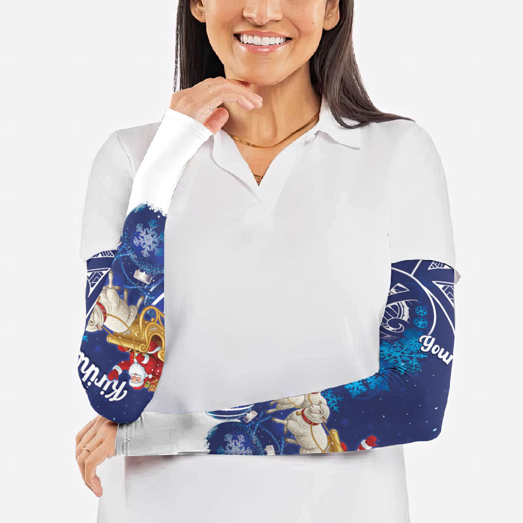 New Zealand Christmas In July Personalised Arm Sleeves Funny Santa Sheep Meri Kirihimete Blue LT14 - Polynesian Pride