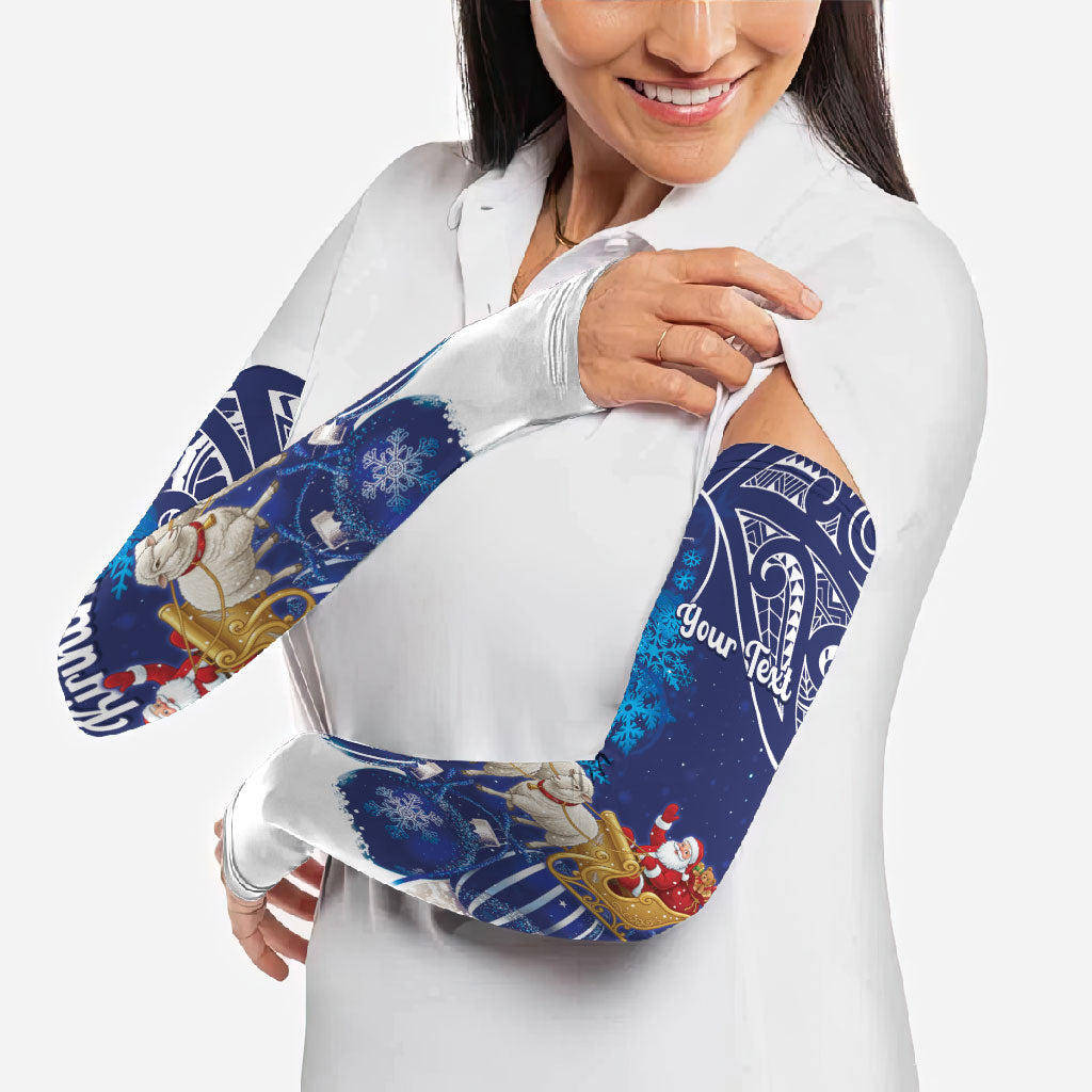 New Zealand Christmas In July Personalised Arm Sleeves Funny Santa Sheep Meri Kirihimete Blue LT14 - Polynesian Pride