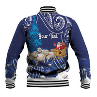 New Zealand Christmas In July Personalised Baseball Jacket Funny Santa Sheep Meri Kirihimete Blue