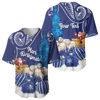New Zealand Christmas In July Personalised Baseball Jersey Funny Santa Sheep Meri Kirihimete Blue LT14 - Polynesian Pride