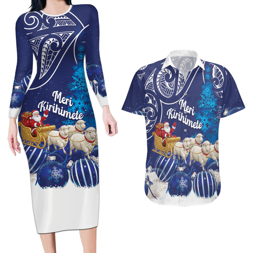 New Zealand Christmas In July Personalised Couples Matching Long Sleeve Bodycon Dress and Hawaiian Shirt Funny Santa Sheep Meri Kirihimete Blue LT14 Blue - Polynesian Pride
