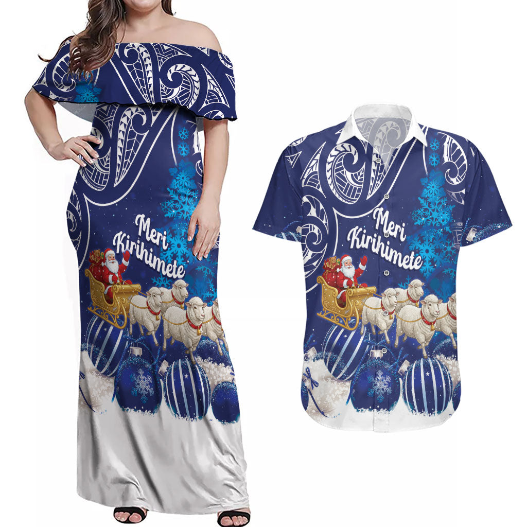 New Zealand Christmas In July Personalised Couples Matching Off Shoulder Maxi Dress and Hawaiian Shirt Funny Santa Sheep Meri Kirihimete Blue LT14 Blue - Polynesian Pride