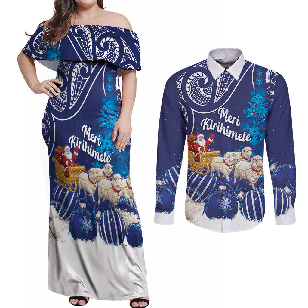 New Zealand Christmas In July Personalised Couples Matching Off Shoulder Maxi Dress and Long Sleeve Button Shirt Funny Santa Sheep Meri Kirihimete Blue LT14 Blue - Polynesian Pride