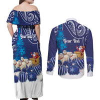 New Zealand Christmas In July Personalised Couples Matching Off Shoulder Maxi Dress and Long Sleeve Button Shirt Funny Santa Sheep Meri Kirihimete Blue LT14 - Polynesian Pride