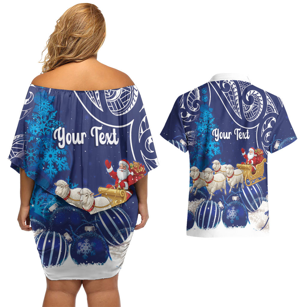 New Zealand Christmas In July Personalised Couples Matching Off Shoulder Short Dress and Hawaiian Shirt Funny Santa Sheep Meri Kirihimete Blue LT14 - Polynesian Pride