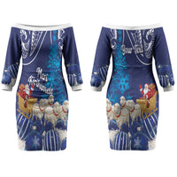 New Zealand Christmas In July Personalised Couples Matching Off The Shoulder Long Sleeve Dress and Hawaiian Shirt Funny Santa Sheep Meri Kirihimete Blue LT14 - Polynesian Pride