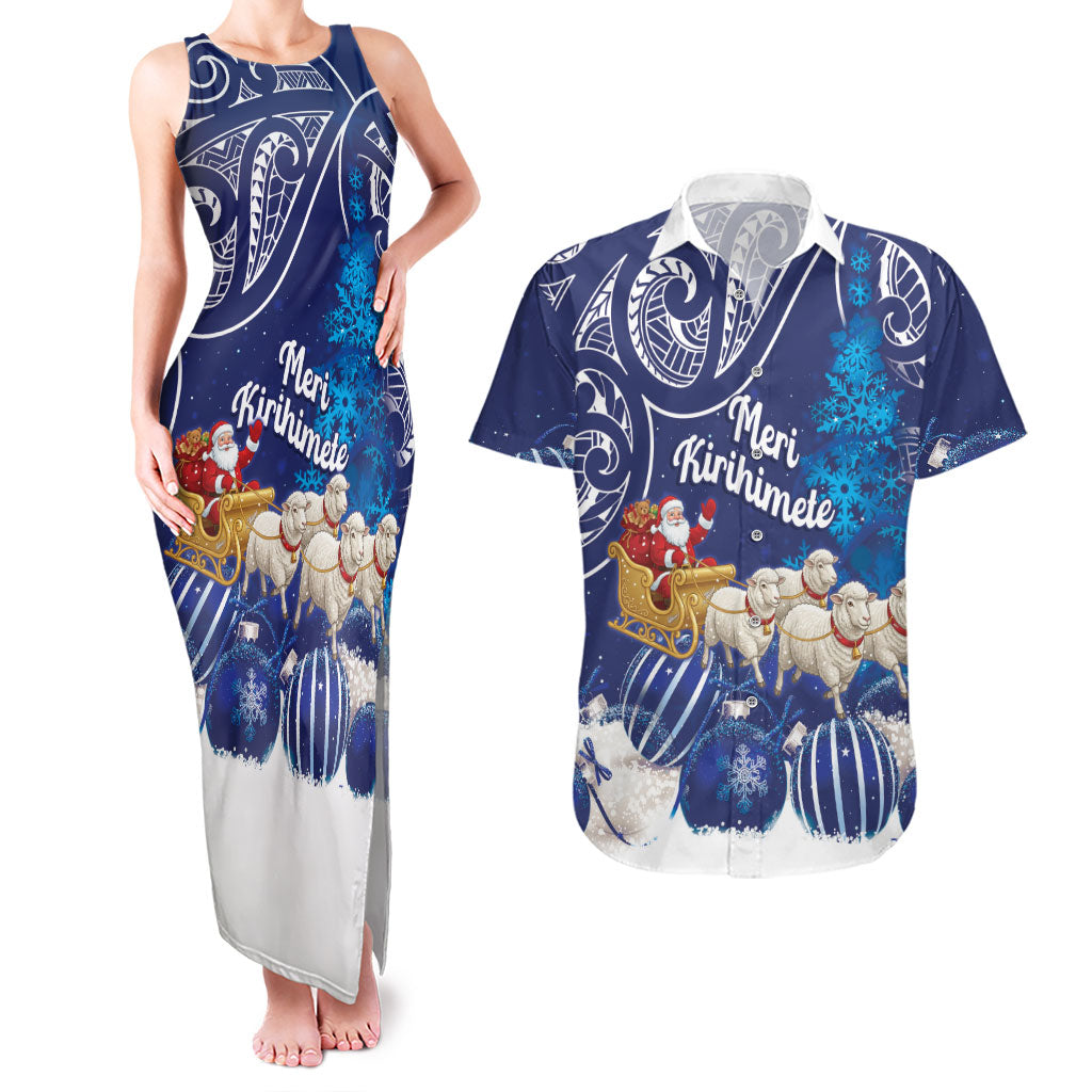 New Zealand Christmas In July Personalised Couples Matching Tank Maxi Dress and Hawaiian Shirt Funny Santa Sheep Meri Kirihimete Blue LT14 Blue - Polynesian Pride