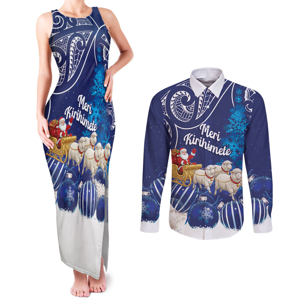 New Zealand Christmas In July Personalised Couples Matching Tank Maxi Dress and Long Sleeve Button Shirt Funny Santa Sheep Meri Kirihimete Blue LT14 Blue - Polynesian Pride
