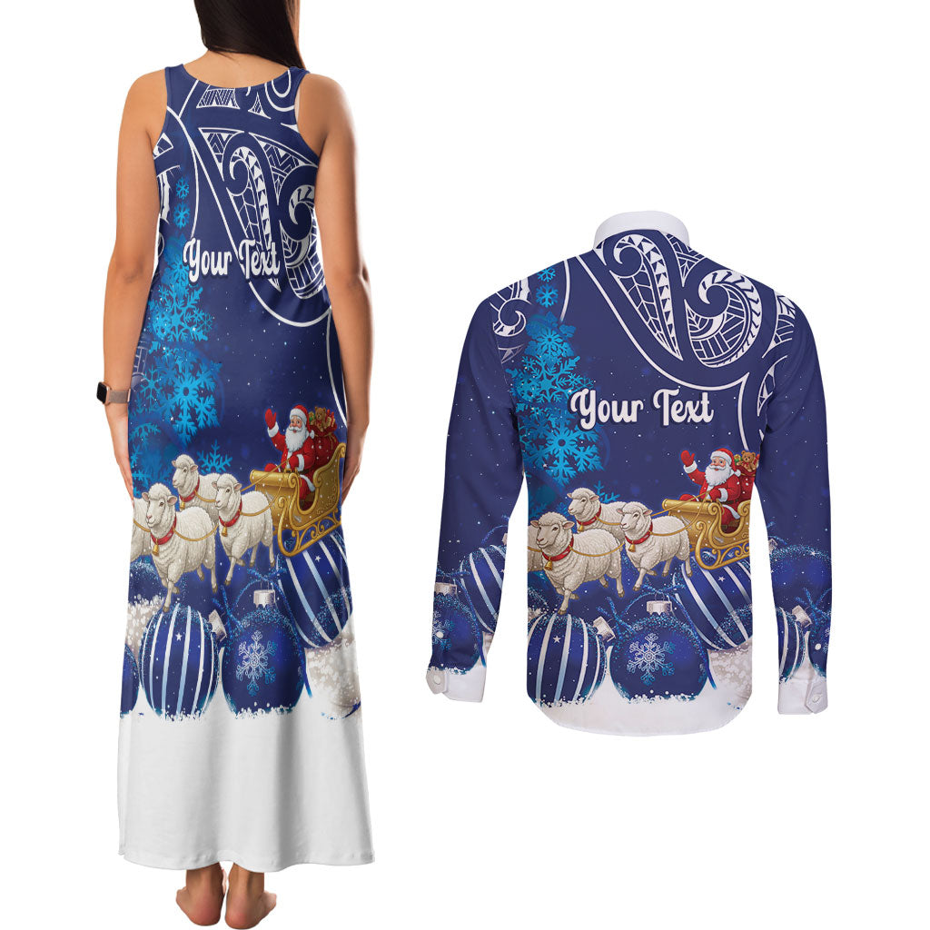 New Zealand Christmas In July Personalised Couples Matching Tank Maxi Dress and Long Sleeve Button Shirt Funny Santa Sheep Meri Kirihimete Blue LT14 - Polynesian Pride