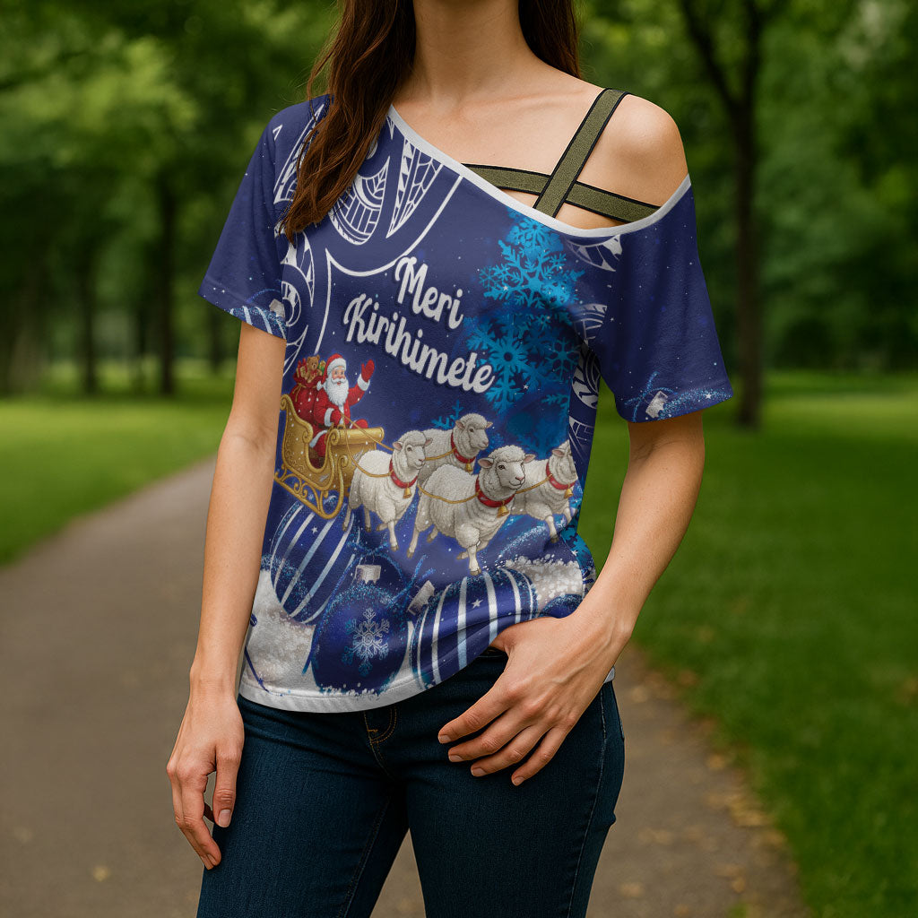 New Zealand Christmas In July Personalised Cross Shoulder Shirt Funny Santa Sheep Meri Kirihimete Blue LT14 - Polynesian Pride