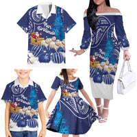 New Zealand Christmas In July Personalised Family Matching Off The Shoulder Long Sleeve Dress and Hawaiian Shirt Funny Santa Sheep Meri Kirihimete Blue LT14 - Polynesian Pride