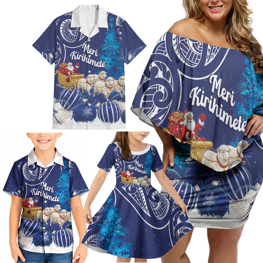 New Zealand Christmas In July Personalised Family Matching Off Shoulder Short Dress and Hawaiian Shirt Funny Santa Sheep Meri Kirihimete Blue LT14 - Polynesian Pride