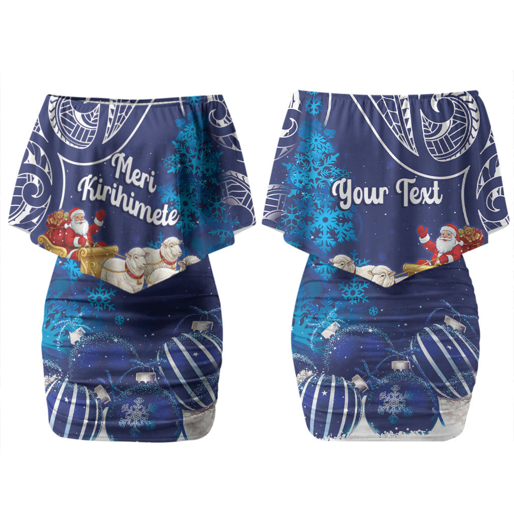 New Zealand Christmas In July Personalised Family Matching Off Shoulder Short Dress and Hawaiian Shirt Funny Santa Sheep Meri Kirihimete Blue LT14 Mom's Dress Blue - Polynesian Pride