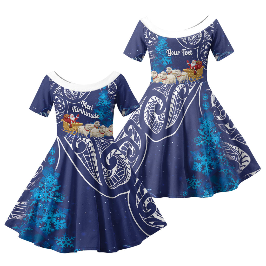 New Zealand Christmas In July Personalised Family Matching Off Shoulder Short Dress and Hawaiian Shirt Funny Santa Sheep Meri Kirihimete Blue LT14 Daughter's Dress Blue - Polynesian Pride