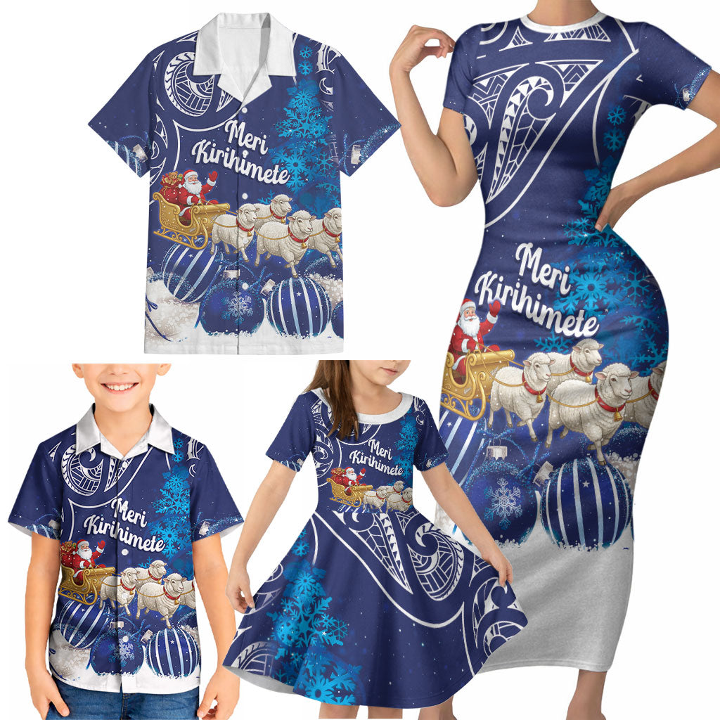 New Zealand Christmas In July Personalised Family Matching Short Sleeve Bodycon Dress and Hawaiian Shirt Funny Santa Sheep Meri Kirihimete Blue LT14 - Polynesian Pride