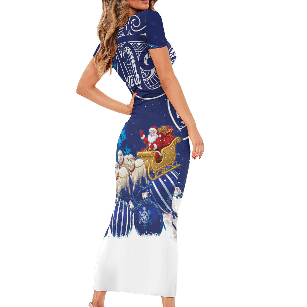 New Zealand Christmas In July Personalised Family Matching Short Sleeve Bodycon Dress and Hawaiian Shirt Funny Santa Sheep Meri Kirihimete Blue LT14 - Polynesian Pride
