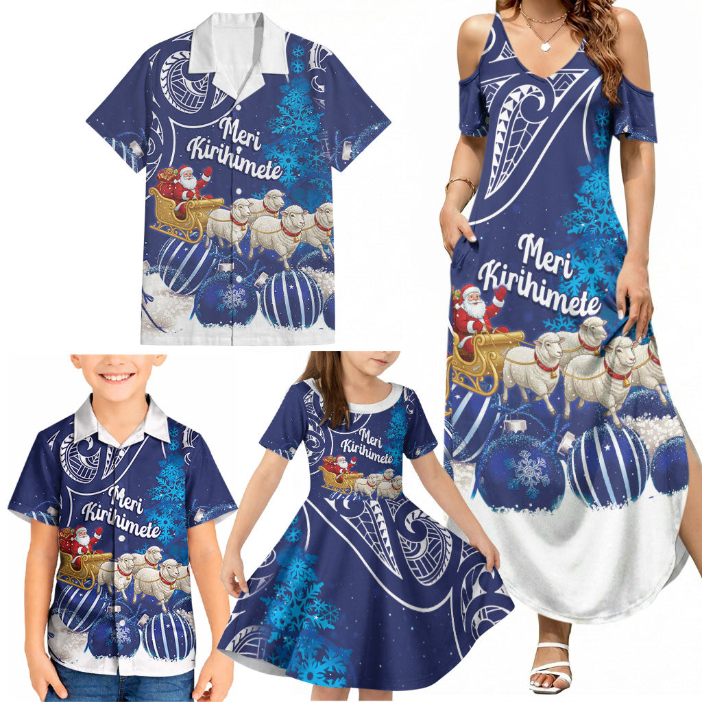 New Zealand Christmas In July Personalised Family Matching Summer Maxi Dress and Hawaiian Shirt Funny Santa Sheep Meri Kirihimete Blue LT14 - Polynesian Pride