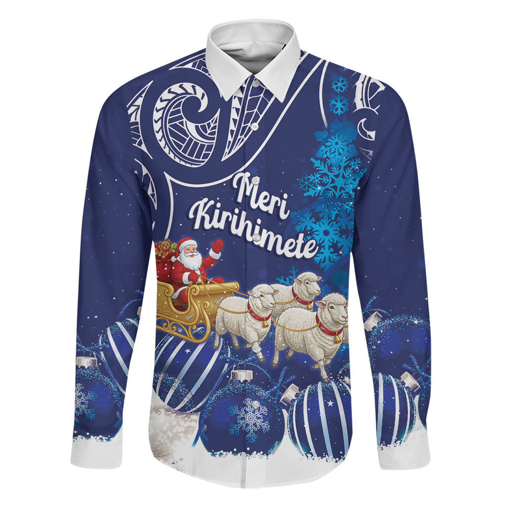 New Zealand Christmas In July Personalised Family Matching Tank Maxi Dress and Hawaiian Shirt Funny Santa Sheep Meri Kirihimete Blue LT14 Dad's Shirt - Long Sleeve Blue - Polynesian Pride
