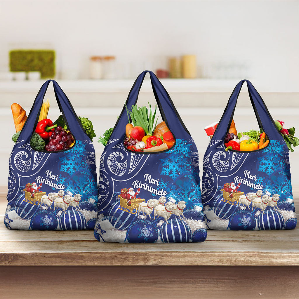 New Zealand Christmas In July Grocery Bag Funny Santa Sheep Meri Kirihimete Blue LT14 3-pack One Size Blue - Polynesian Pride