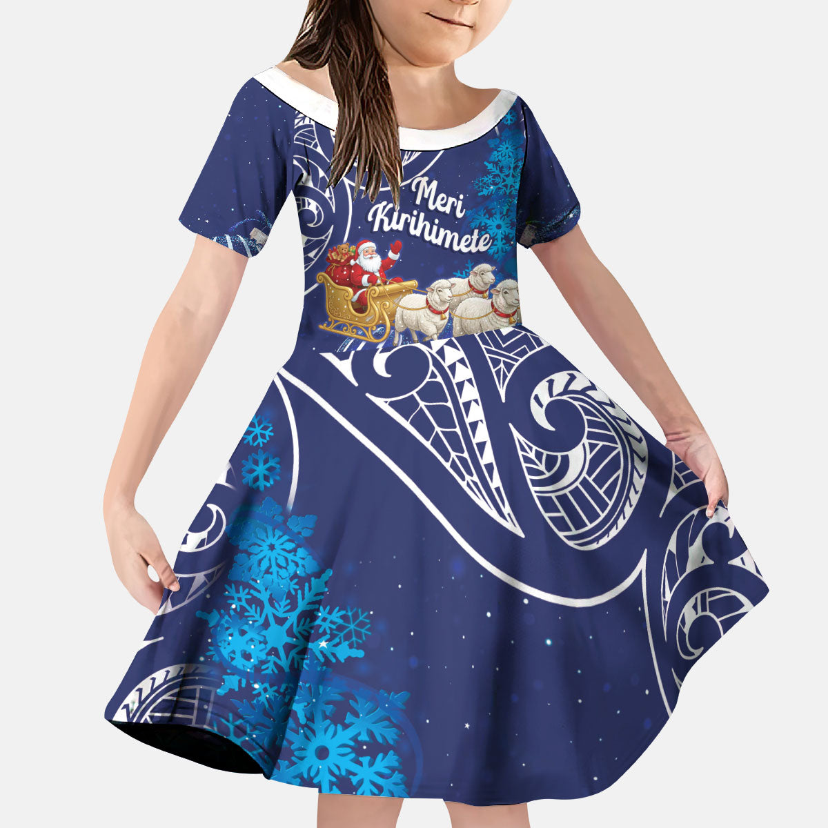 New Zealand Christmas In July Personalised Kid Short Sleeve Dress Funny Santa Sheep Meri Kirihimete Blue LT14 KID Blue - Polynesian Pride